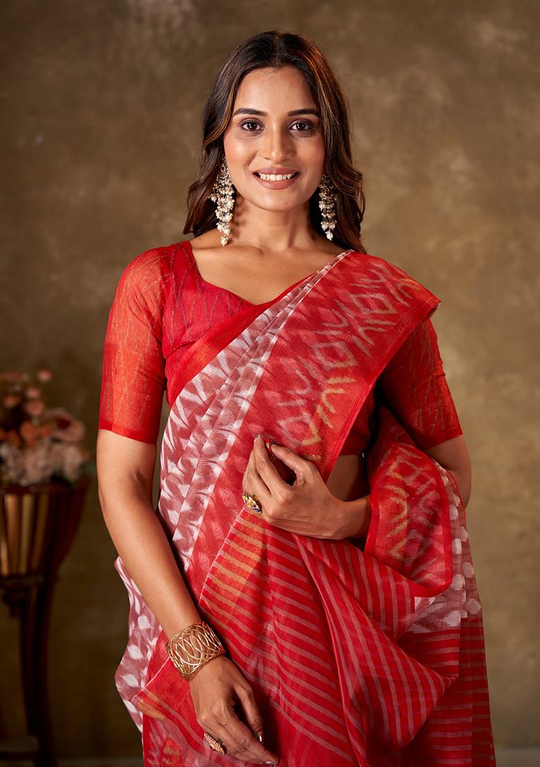 Red Printed Cotton Saree Set