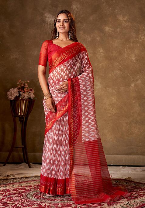 Red Printed Cotton Saree Set