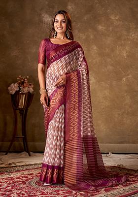 Wine Printed Cotton Saree Set