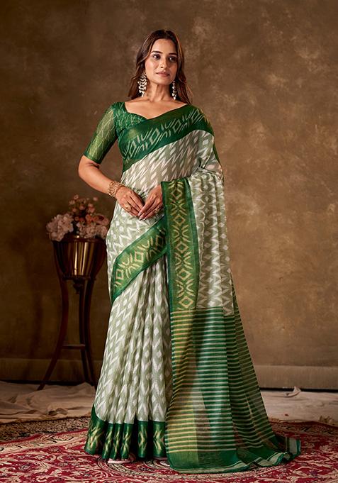 Green Printed Cotton Saree Set