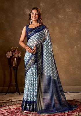 Blue Printed Cotton Saree Set