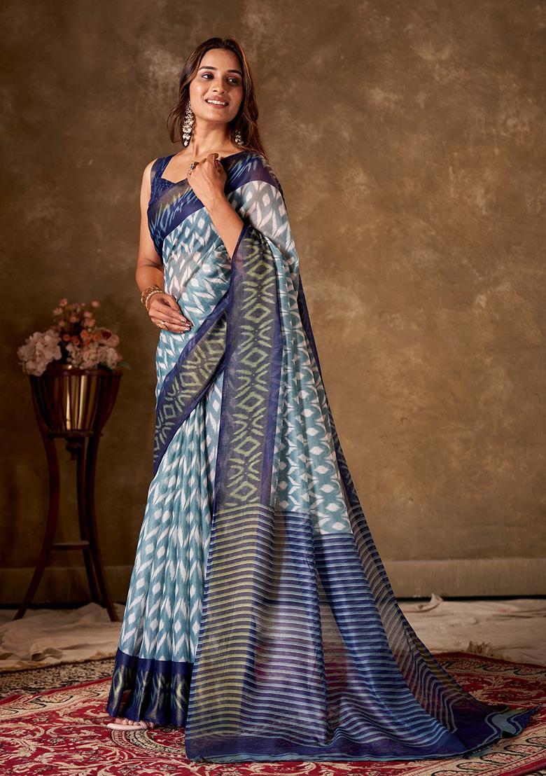 Blue Printed Cotton Saree Set