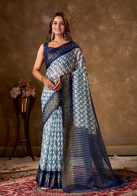Blue Printed Cotton Saree Set