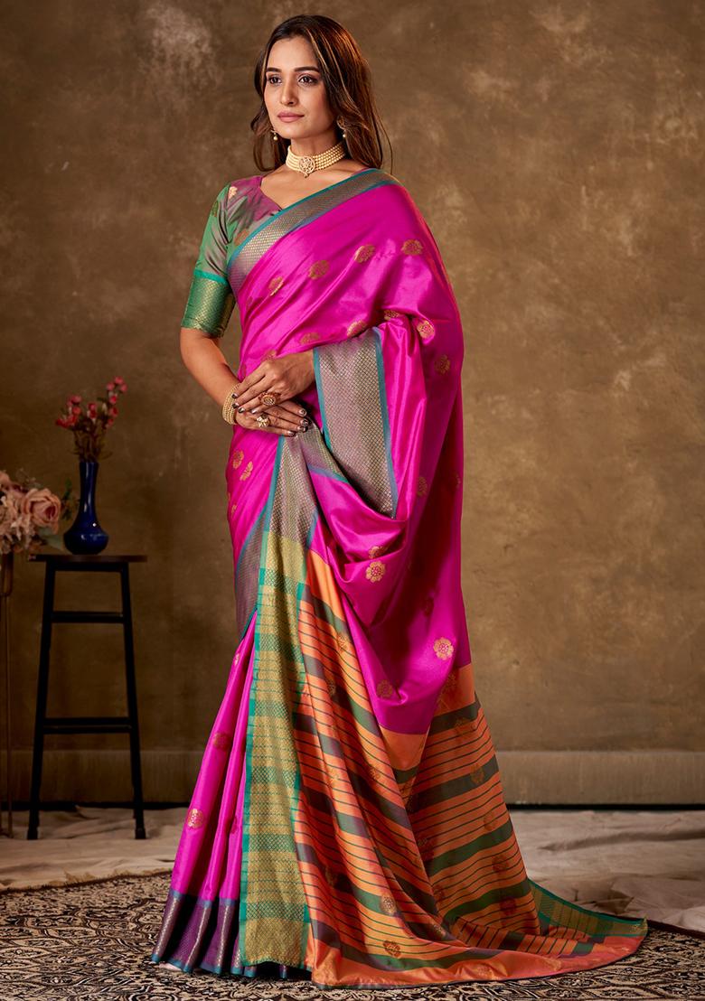 Pink Woven Cotton Saree Set