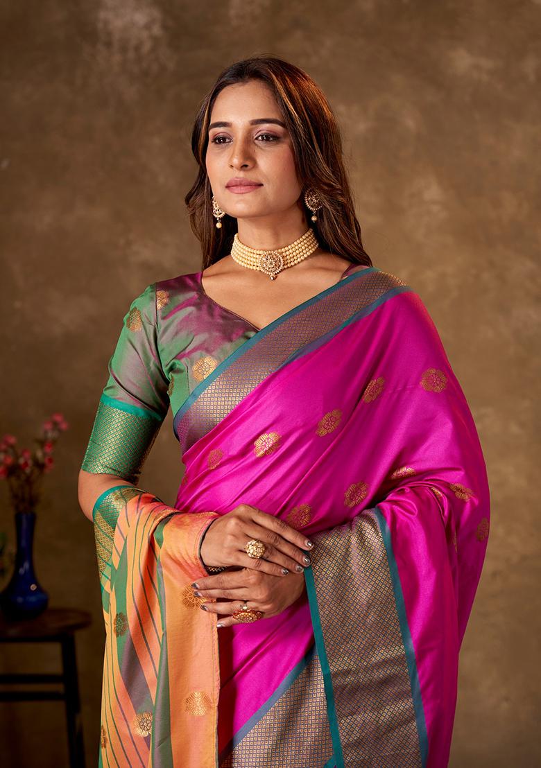 Pink Woven Cotton Saree Set