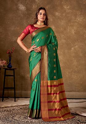 Green Woven Cotton Saree Set