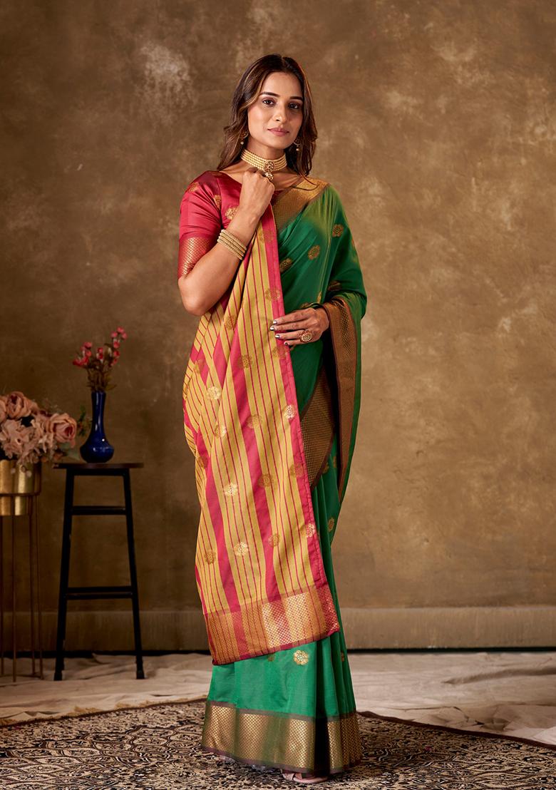 Green Woven Cotton Saree Set