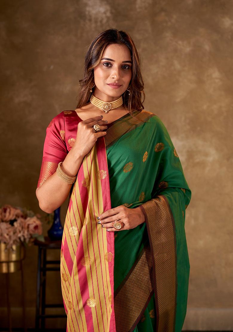 Green Woven Cotton Saree Set