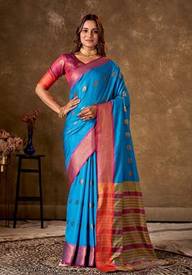 Blue Woven Cotton Saree Set