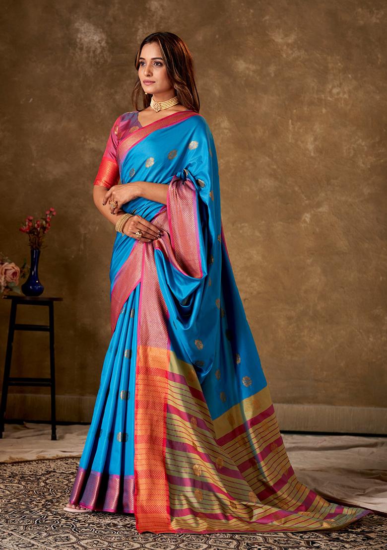 Blue Woven Cotton Saree Set