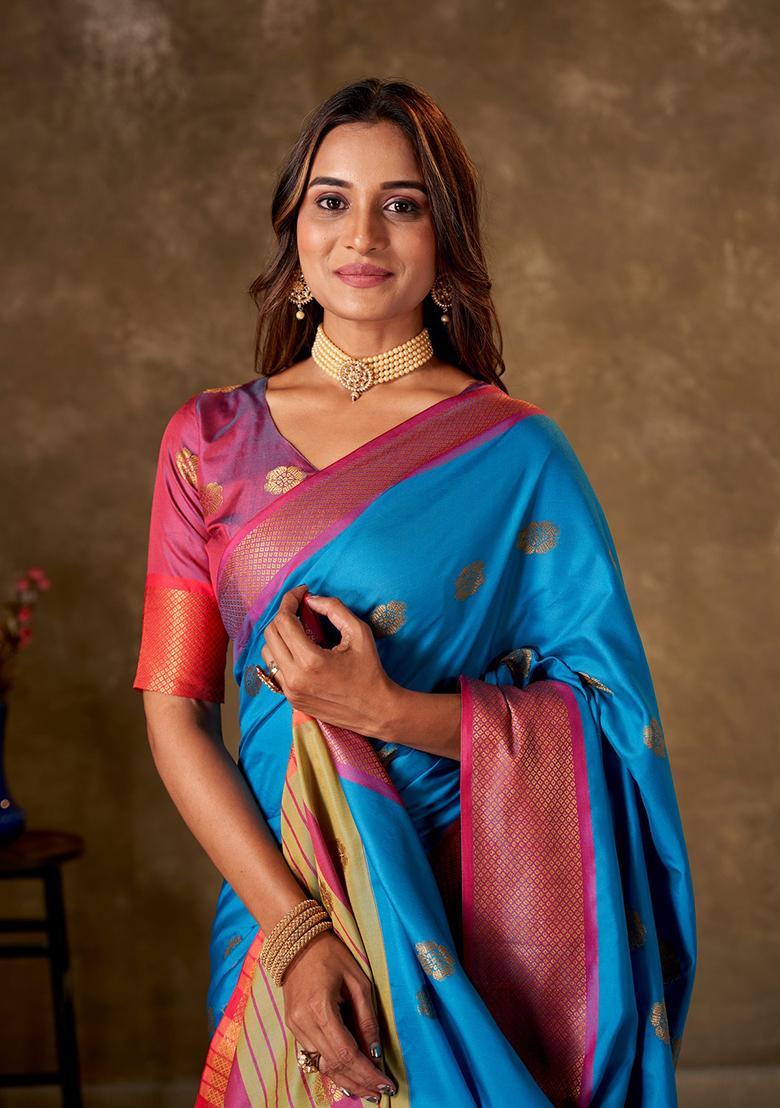 Blue Woven Cotton Saree Set