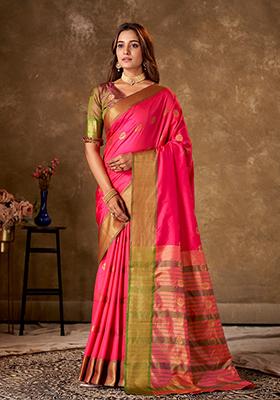 Peach Woven Cotton Saree Set