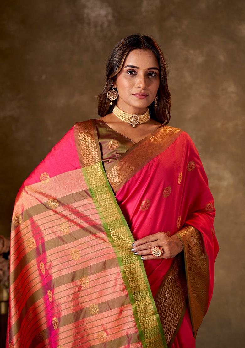 Peach Woven Cotton Saree Set