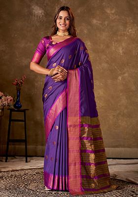 Purple Woven Cotton Saree Set