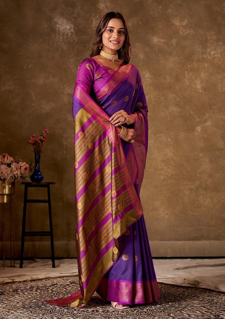 Purple Woven Cotton Saree Set
