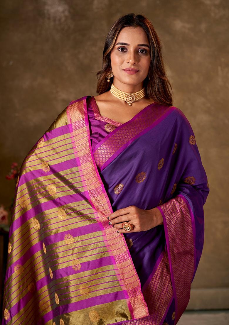Purple Woven Cotton Saree Set