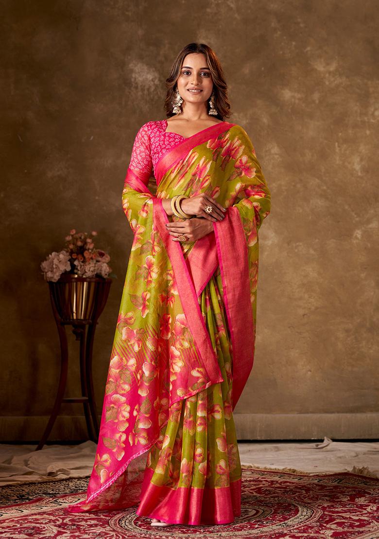 Light Green Printed Cotton Saree Set