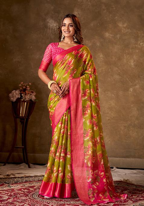 Light Green Printed Cotton Saree Set