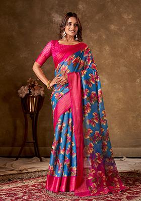 Blue Printed Cotton Saree Set