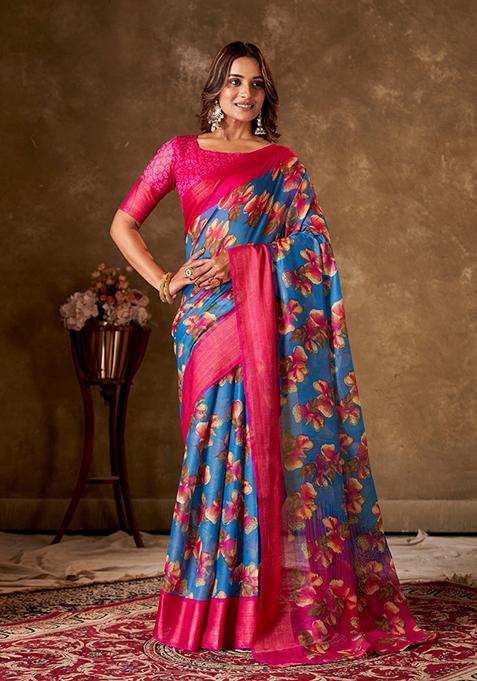 Blue Printed Cotton Saree Set