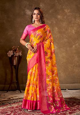 Mustard Printed Cotton Saree Set