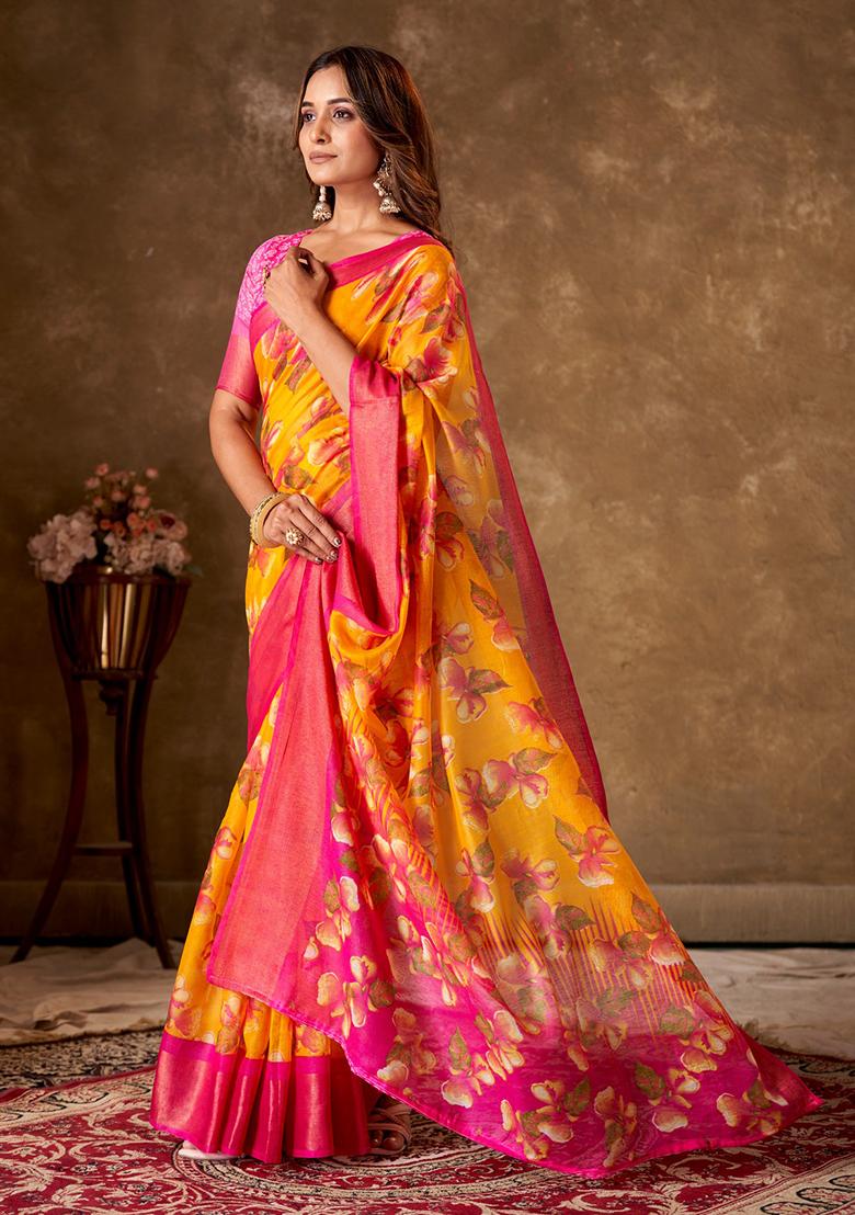 Mustard Printed Cotton Saree Set