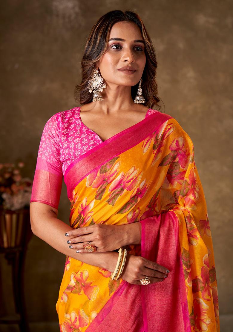 Mustard Printed Cotton Saree Set