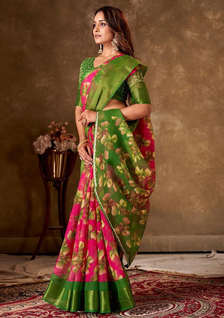 Pink Printed Cotton Saree Set