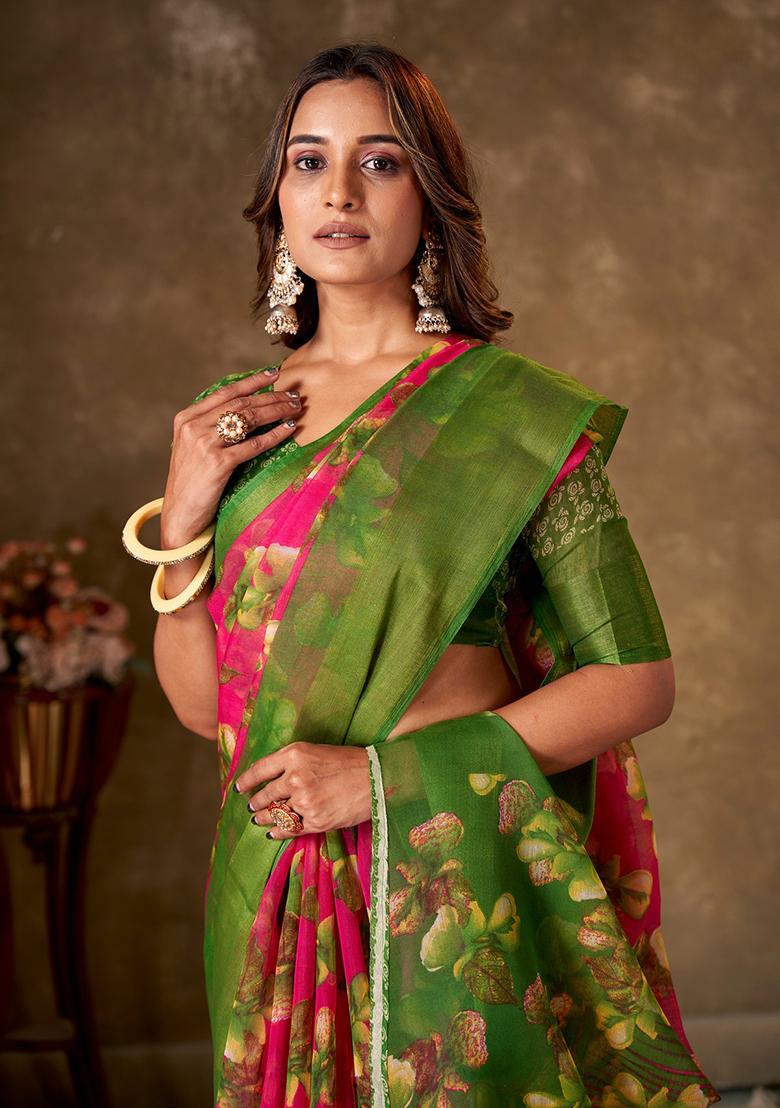 Pink Printed Cotton Saree Set