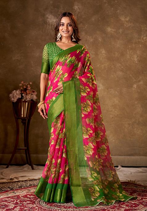 Pink Printed Cotton Saree Set