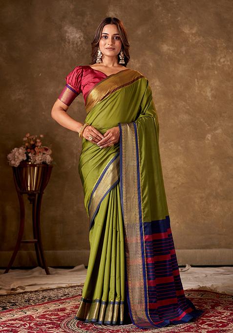 Green Striped Cotton Saree Set