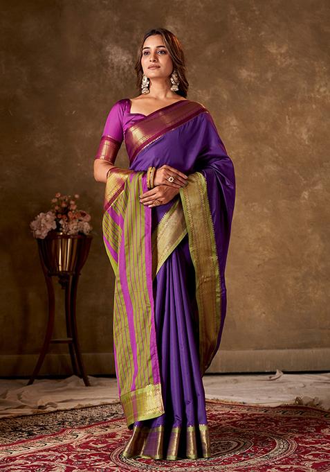 Purple Striped Cotton Saree Set