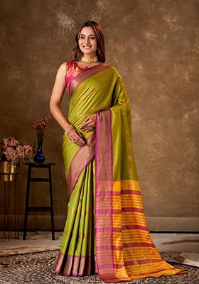 Light Green Striped Cotton Saree Set