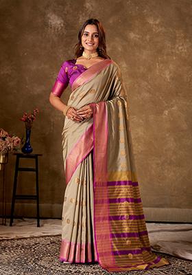 Beige Striped Cotton Saree Set