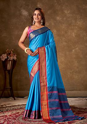 Blue Striped Cotton Saree Set