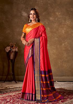 Orange Striped Cotton Saree Set