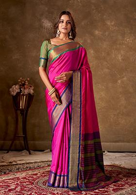 Pink Striped Cotton Saree Set