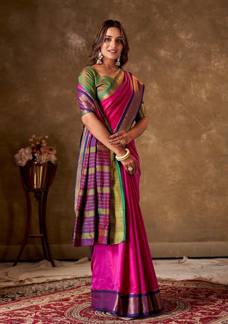 Pink Striped Cotton Saree Set