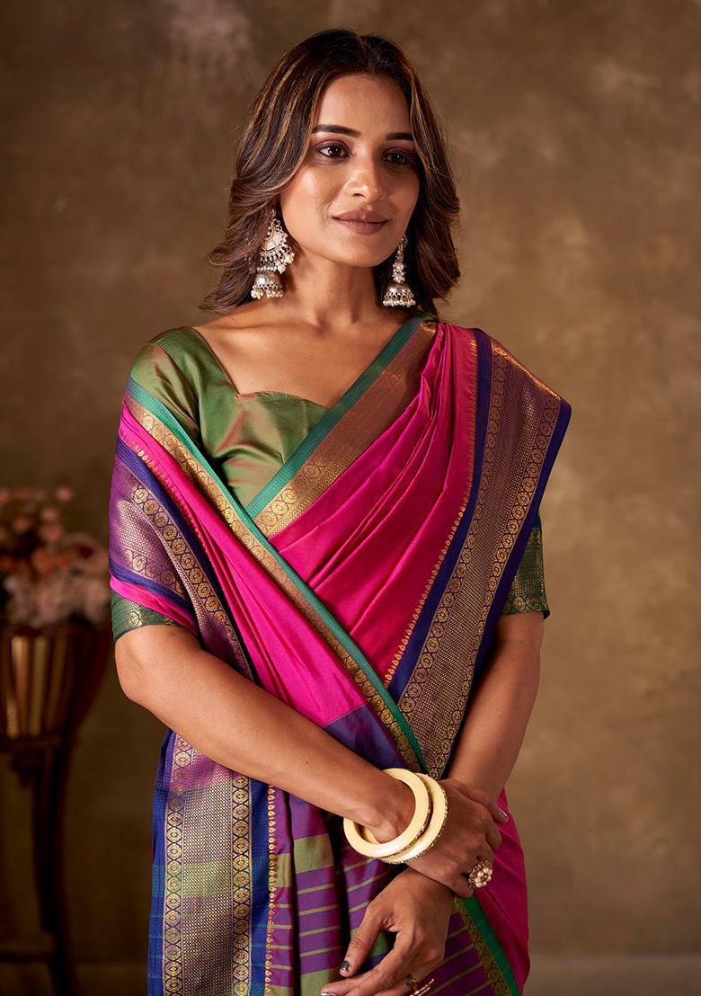 Pink Striped Cotton Saree Set