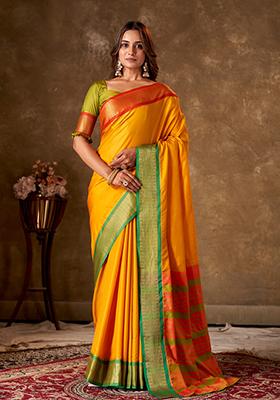 Mustard Striped Cotton Saree Set