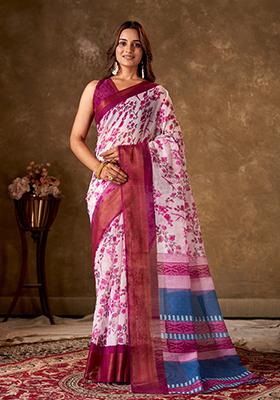 Wine Printed Cotton Saree Set