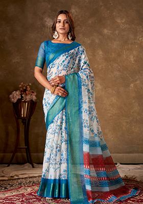 Blue Printed Cotton Saree Set