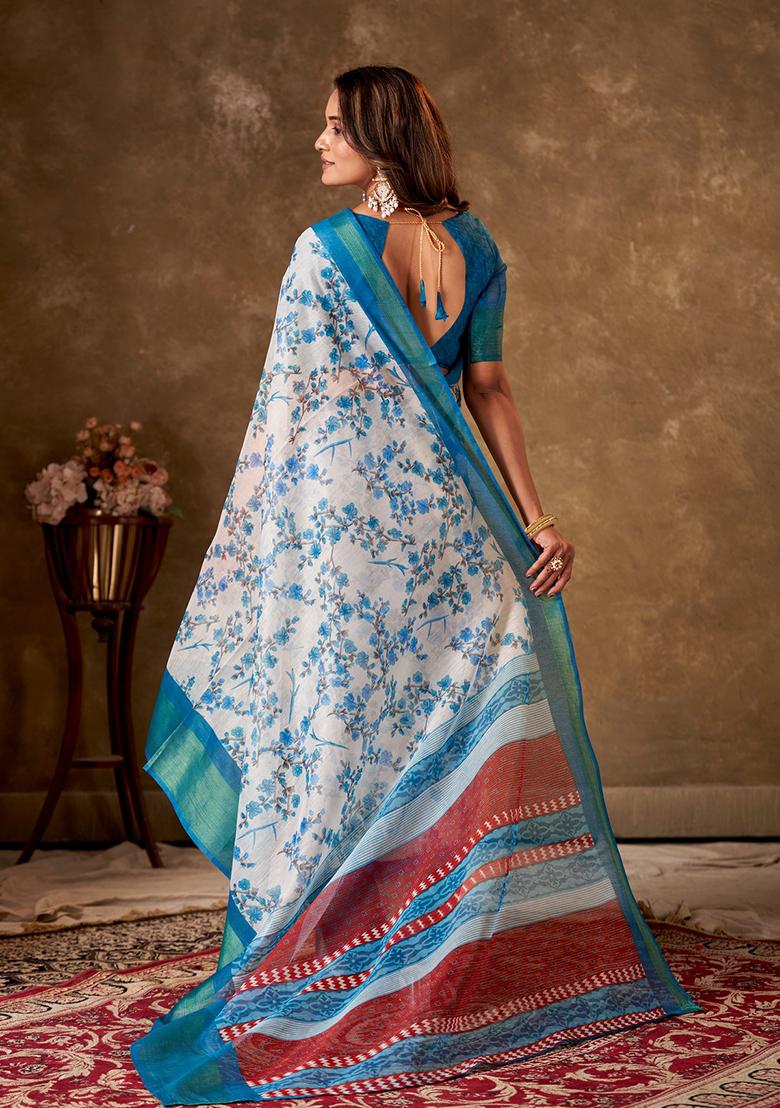 Blue Printed Cotton Saree Set