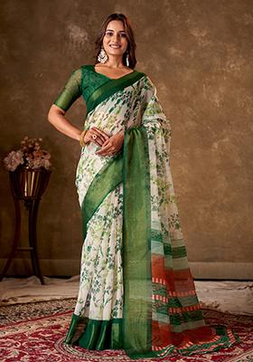 Green Printed Cotton Saree Set