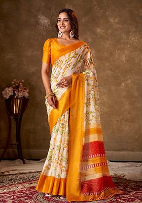 Mustard Printed Cotton Saree Set
