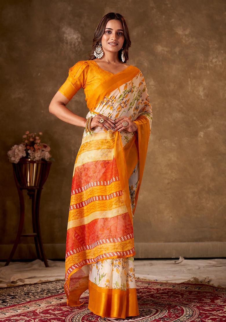 Mustard Printed Cotton Saree Set