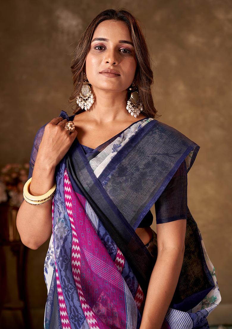 Navy Blue Printed Cotton Saree Set