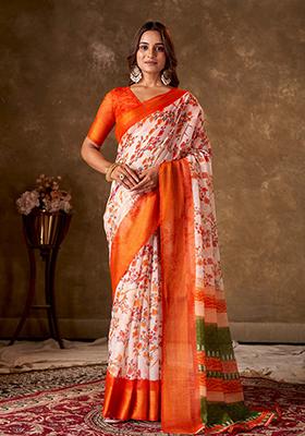 Orange Printed Cotton Saree Set