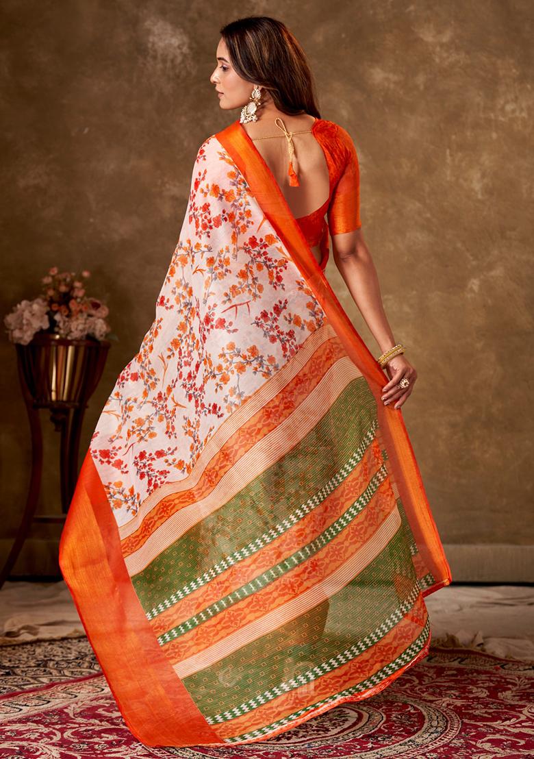 Orange Printed Cotton Saree Set
