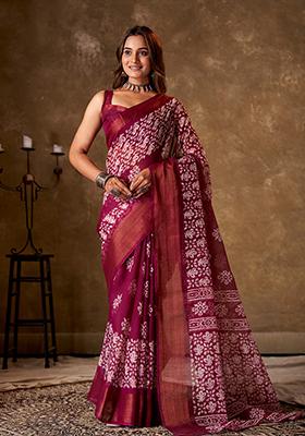 Rani Pink Printed Cotton Saree Set